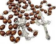 [Westmon Works] First Communion Rosary Gift Set Boy's Wooden Bead Rosary with Metal Crucifix and Commemorative Holy Card, Medium, Zinc, No Gemstone
