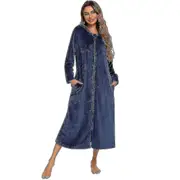 Women's Zip Up Plush Fleece Robe Hooded Warm Long Bathrobe Dressing Gown Winter Cozy Zipper Lounger Sleepwear Housecoat Loungewear Nightgown Navy blue