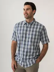 Mens Short Sleeve Shirt Blue Taupe Berry Check