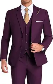 [Mrbuerly] Men Suit 3 Pieces Slim Fit, Groomsmen Business Jacket Vest Pant with Tie 2 Buttons Prom Tuxedo Xs/3630, Plum, 4X-Large
