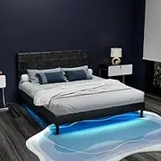 Artiss Double Bed Frame Platform Wooden Base Beds with LED Lights Bedroom Room Decor Home Furniture, Upholstered with Faux Linen Fabric + Foam + Wood, Modern Design Grey