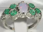 Solid English 925 Sterling Silver Ladies Large Opal & Emerald Art Nouveau Ring