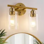Brushed Gold Bathroom Light Fixtures, 2-Lights Brass Wall Sconce Lighting wit...