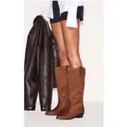 Chocolate Wide Fit Faux Suede Point Toe Knee High Western Boots, Chocolate