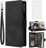 [Asuwish] Mobile Phone Case for Samsung Galaxy S24 Ultra 5G Case with Screen Protector and Card Slot Foldable Leather Wallet Stand S24Ultra 24S S 24 24Ultra Mobile Phone Cases Protective Phone Case