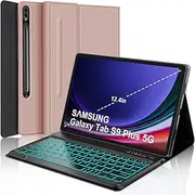 [SENGBIRCH] Keyboard Case for Samsung Galaxy Tab S10Plus, S9 Plus, S9FE+ 12.4 inch, 7 Color Backlit, Magnetic Detachable Wireless, Auto Sleep/Wake Up Smart Case (Rose Gold)