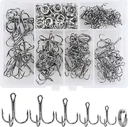 Fishing Treble Hooks Kit, 170pcs High Carbon Steel Treble Hook Strong Sharp Round Bend Fishing Hook Triple Fish Hook with Split Rings for Trout Hard Bait Lures Saltwater Fishing