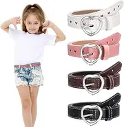 [ViEinkaufen] 4 Pack Girls Belt Kids Belt, Adjustable Stretch Belt with Heart Buckle Skinny Belt Waist Belt for Boys Girls Ladies Belts for Jeans Dresses Jumpsuit Trousers, Pink,white,black, Brown, One