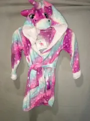 JAX & OLIVIA Rainbow Galaxy Unicorn Hooded Multi-Color Fuzzy Cozy Robe Size 5