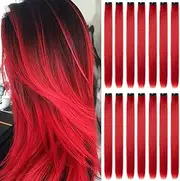 16Pcs Colored Clip in Hair Extensions, 22 Inch Colorful Highlights Hairpieces Straight & Long Heat-Resistant Synthetic Hair Accessories for Kid Girls Women Party Hair Decor(Red)
