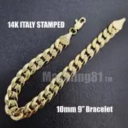 Hip Hop Rapper 10mm 9" 14K Italy Gold Plated Brass Cuban Link Chain Bracelet