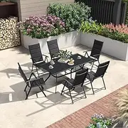 Purple Leaf 7 Pcs Patio Dining Set with Folding Portable Chairs and 1 Rectangle Aluminum Table, Foldable Adjustable High Back Reclining Chairs with Soft Cotton-Padded Seat,Black