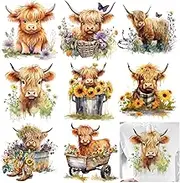 8 Sheets Highland Cow Iron On Transfer Patches Watercolor Heat Transfer Iron Patches Floral Decorative Heat Transfer Stickers for DIY Crafts Clothing Fabric Decor