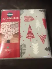 December Home Round Vinyl Tablecloth 60" Whimsy Trees New
