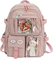 [B/M] Backpack with Cute Pin & Plush Bear Accessories, Cute School Backpack Pastel Aesthetic Backpack for Girls