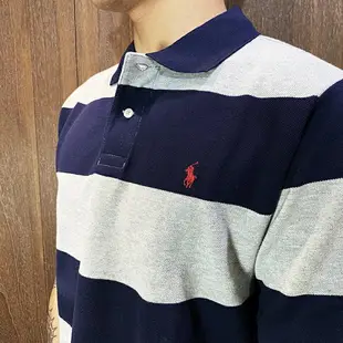 美國百分百【全新真品】Ralph Lauren POLO衫 網眼 短袖 RL 小馬 上衣 青年款 條紋 深藍灰 I531