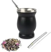 Yerba Mate Gourd Cup Set,8 oz Stainless Steel Double Wall Yerba Mate Gourd Cup for Mate Gourd with Cleaning Brush,Durable Tea Cup Set for Mate Tea, Coffe, Drinks(Black)