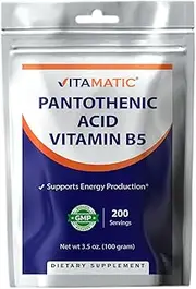 Vitamatic Pantothenic Acid Pure Powder 500 mg per Serving - 100 Grams - Also Called Vitamin B5-200 Servings