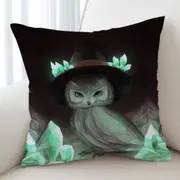 Cool Green Crystal Owl Witch Cushion Cover