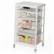 Rolling Storage Cart with 5 Drawers, Utility Cart with Wooden Tabletop and