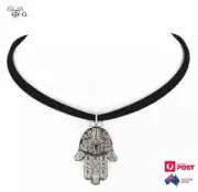 Necklace pendant Choker Black Velvet Vintage Retro Hamsa Silver Alloy