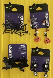 Claire’s Halloween Dangle Earrings Spider Web Bats Spider Pumpkins 4 Pairs NOC