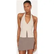 Stone Bengaline Button Up Halterneck Long Top, Stone