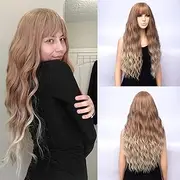 Netgo Blonde Ombre Wigs with Bangs, Strawberry Blonde Ombre Light Blonde Wigs, Long Curly Wavy Hair Wig for Women, Heat Resistant Synthetic Daily Party Wigs