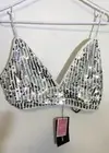 Pretty Little Thing Silver Sequin Harness Bralette 14 Strappy Plunge V Neck NWT