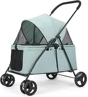 Dog Stroller for Medium/Small Pets w/Dog Poop Bags & Dispenser, Storage Pouch, Zipperless, Entry in/Out Easy (Bluish Green)