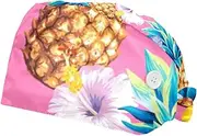 [WOSHJIUK] Working Hat 2 Pack Scrub Caps for Women,Hawaiian Pineapple and Flower,Tie Back Cap Adjustable Scrub Hat