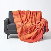 HOMESCAPES Terracotta Orange Throw “Morocco” Cotton Textured Stripe Throw 150 x 200 cm Bedspread Sofa Throw Handmade Suitable for Armchairs and 2 Seater Sofa or Single and Double Beds Machine Washable