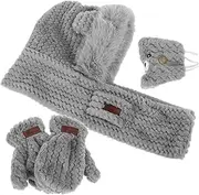 [Homoyoyo] 1 Set Women Bear Ear Hooded Hat Scarf Gloves Mask Cozy Fleece Lined Windproof Accessories for Outdoor Activities Fashionable Cold Weather Warmth Grey