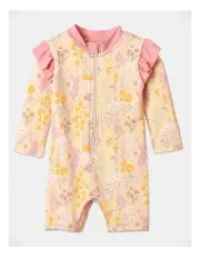 [Sprout] Floral Long Sleeve One Piece Zip Thru Swim Suit in Camel