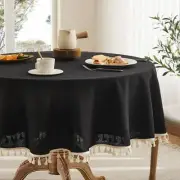 Linen Tablecloth with Tassels Farmhouse Style Black Tablecloth Water Resistan...