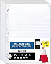 Five Star Loose Leaf Paper + Study App, 4 Pack, Notebook Paper, College Ruled Filler Paper, Reinforced, 8.5 x 11, 80 Sheets per Pack (170024-ECM),White