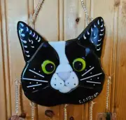 Handcrafted Fused Glass Whimsical Black/White Tuxedo Cat (Green eyes) Wind Chime
