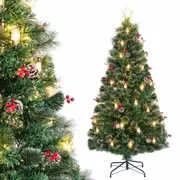 Costway Pine Needle Christmas Tree 8 Lighting Modes Xmas Decoration w/Optic Fibre & Kerosene Lamps