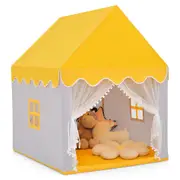 Costway Playhouse Large Playtent CottagePlay Castle Pine Wood Frame Indoor & Outdoor w/Washable Soft Mat Yellow
