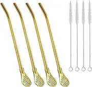 INCAUCA 4 Pack Removable Stainless Steel Straw Filter Spoon & 4 Cleaning Brushes, Yerba Mate Straws Bombilla, Reusable Drinking Stir Sticks, Metal Stirrer for Coffee Loose Tea Cocktail (Gold)