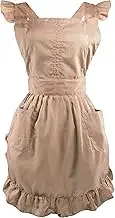 Retro Adjustable Ruffle Apron with Pockets, Small to Plus Size Ladies, Cappucino