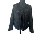 Nanette Lepore Black Frayed Sequined Boucle' Denim Trim Tweed Blazer Size M NWT