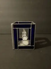 Candle Holder Blue/White W/Dangling Snowmen