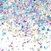 60 G/ 2.1 oz Holographic Star and Moon Table Confetti Galaxy Iridescent Metallic Glitter Foil Confetti Sequin Star Moon Scatter for Christmas Wedding Festival Party DIY(10 mm, 6 mm,Silver)