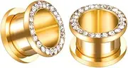 [NewZenro] 14K Gold Plated Crystal Rhinestones CZ Ear Tunnels Plugs Expander Gauges Stretcher Earrings Screw Stainless Steel Hypoallergenic Body Piercing Jewelry Personalized Gifts Men Women Bff