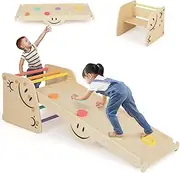 HONEY JOY Kids Wooden Climbing Toy, Triangle Climber Jungle Gym Set w/Seesaw, Dual-Sided Ramp, Adjustable Step Stool, Climbing Ladder, Set of 2 Indoor Montessori Play Gym for Kids Over 3 Years Old