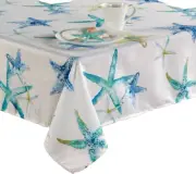 Printed Textured Fabric Tablecloth,60"x104"Oblong,SEALIFE,STARFISH,SANDY,aqua,BM