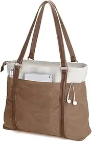 [Generic] Laptop Tote Bag for Women Lightweight Splice Canvas Bag 15.6 Inch Laptop for Computer Bag Large Capacity Handbag Purse Brown