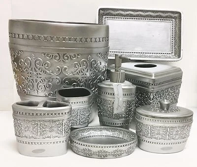 NEW RAYMOND WAITES 8 PC SET CARVED SILVER GRAY RESIN SOAP DISPENSER+TRASH+TRAY+5