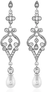 [Soyzvteo] 1920s Flapper Pearl Earrings Great Gatsby Pearl Tassel Earrings Vintage Cubic Zirconia Art Deco Dangle Earring for Women Wedding Party
